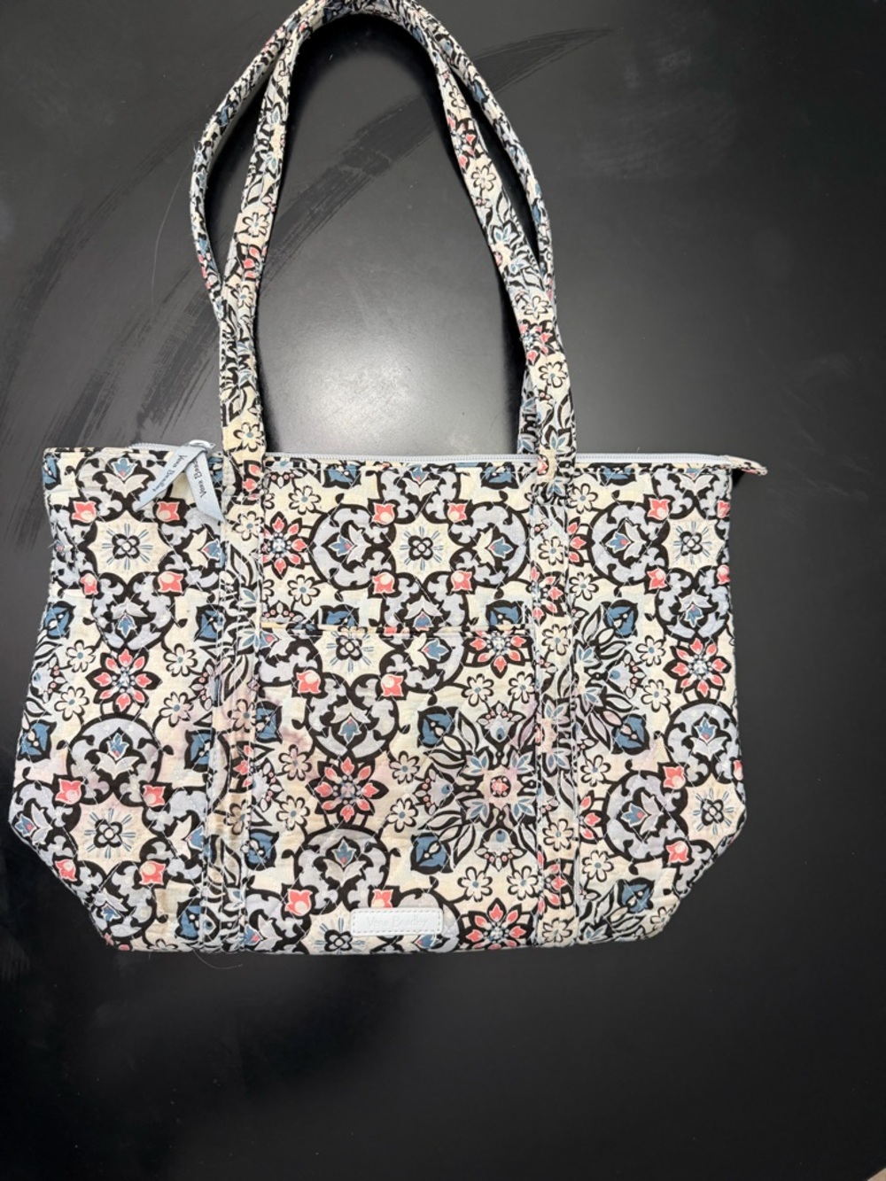 Vera Bradley Cream, Black & Blue Floral Quilted Tote and matching coin purse